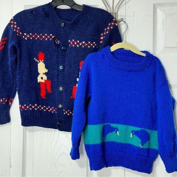 Vintage Children’s Knit Sweaters 2 Homemade Sweaters Ducks Soldiers - Picture 1 of 16